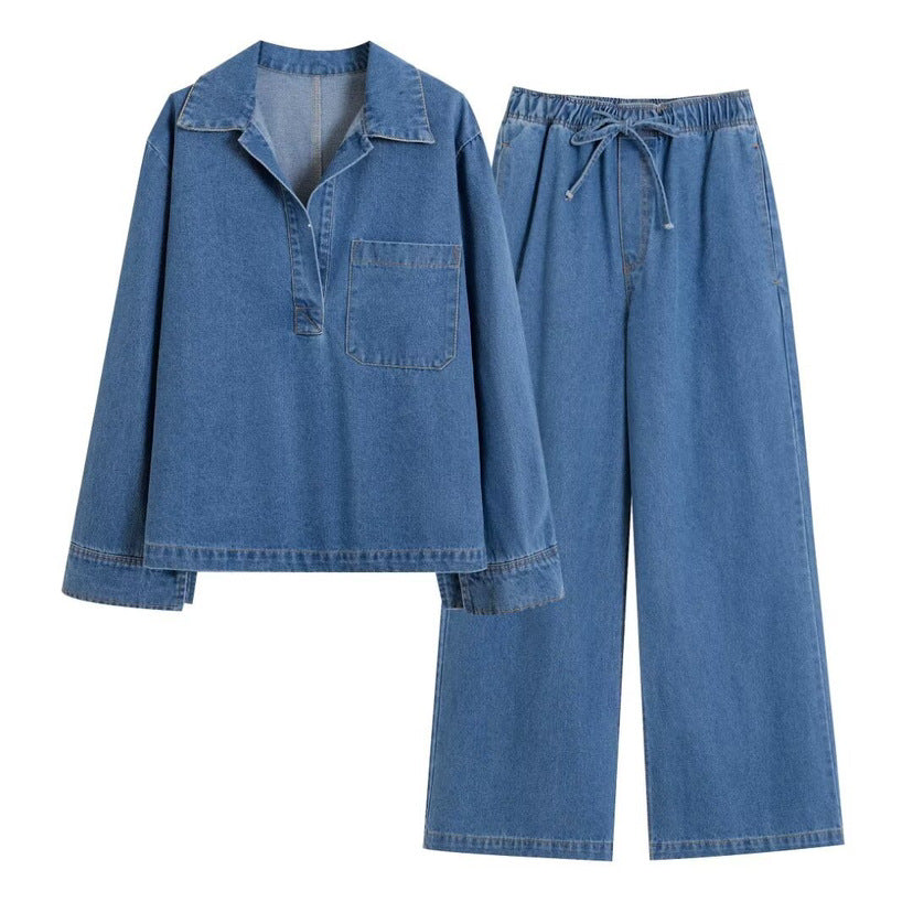 Light mature style classyretro lapel long sleeves denimtops women's  autumn wear high waistcasualloose pantsstraight-leg pants