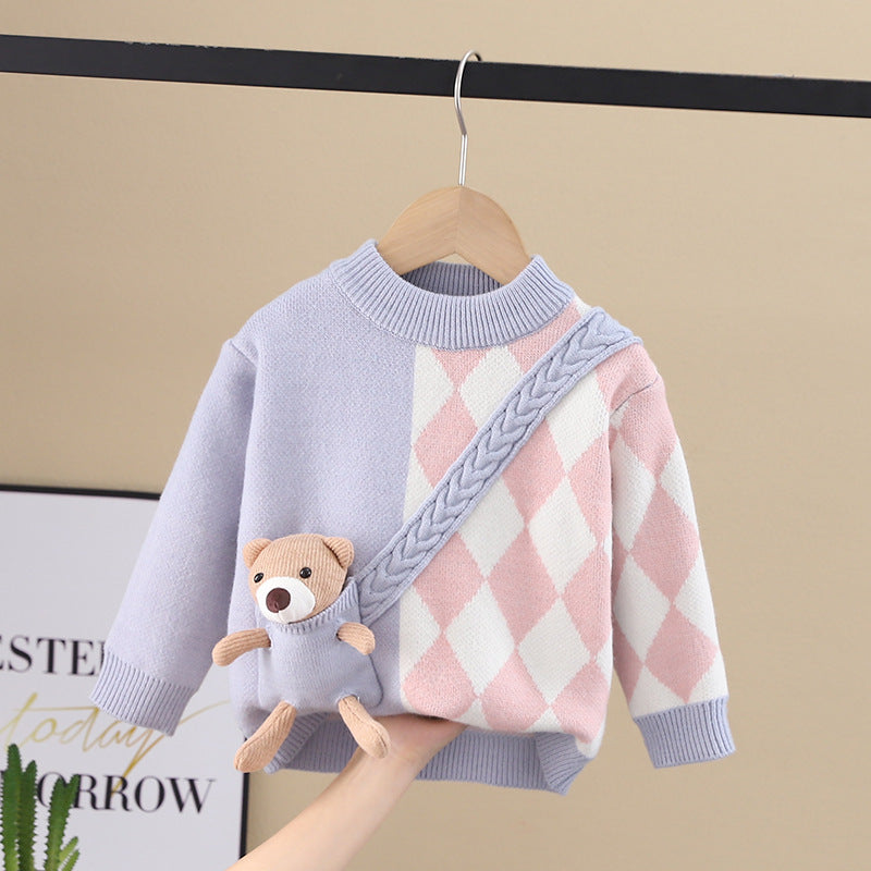 Winternew arrivalfleece-linedkidssweaterboys and girls cartoon flap pocket pants bear bottom k-styleknitting shirt
