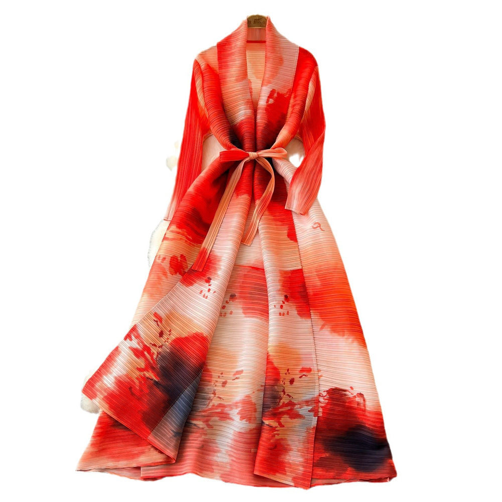 Fashion style large version dress women's fashion styleeasiest for match lapel waist strap mid-length pleated printingoutwear