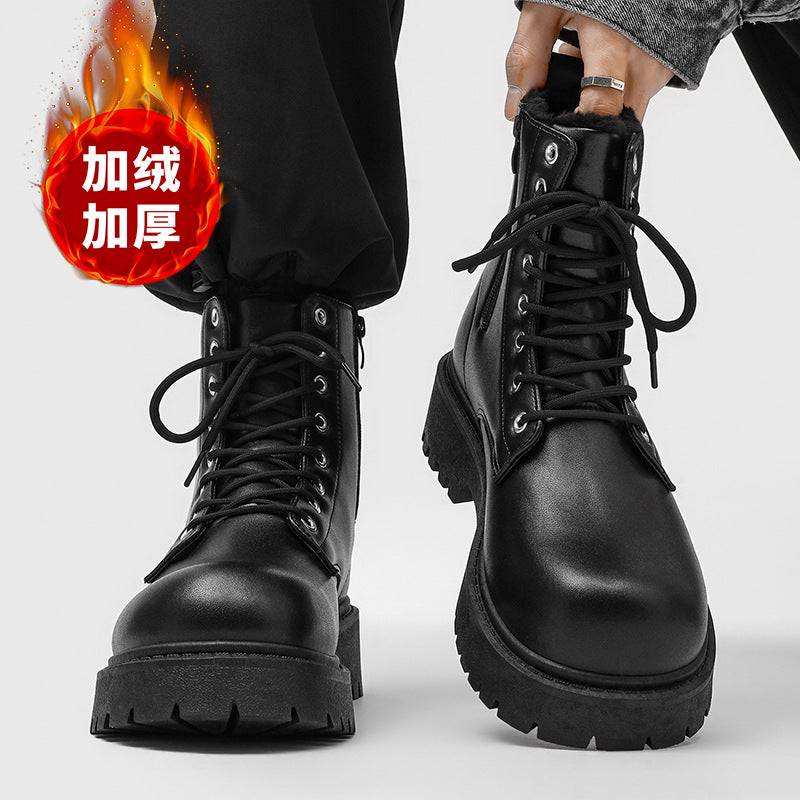 Men's martin boots: british style black high-top leather shoes, new mid-top motorcycle boots, fleece-lined warm height-increasing leather boots