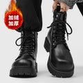 Men's martin boots: british style black high-top leather shoes, new mid-top motorcycle boots, fleece-lined warm height-increasing leather boots