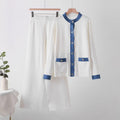 French chic goddess style: trendy denim & knit patchwork crewneck jacket + high-waisted wide-leg pants two-piece set