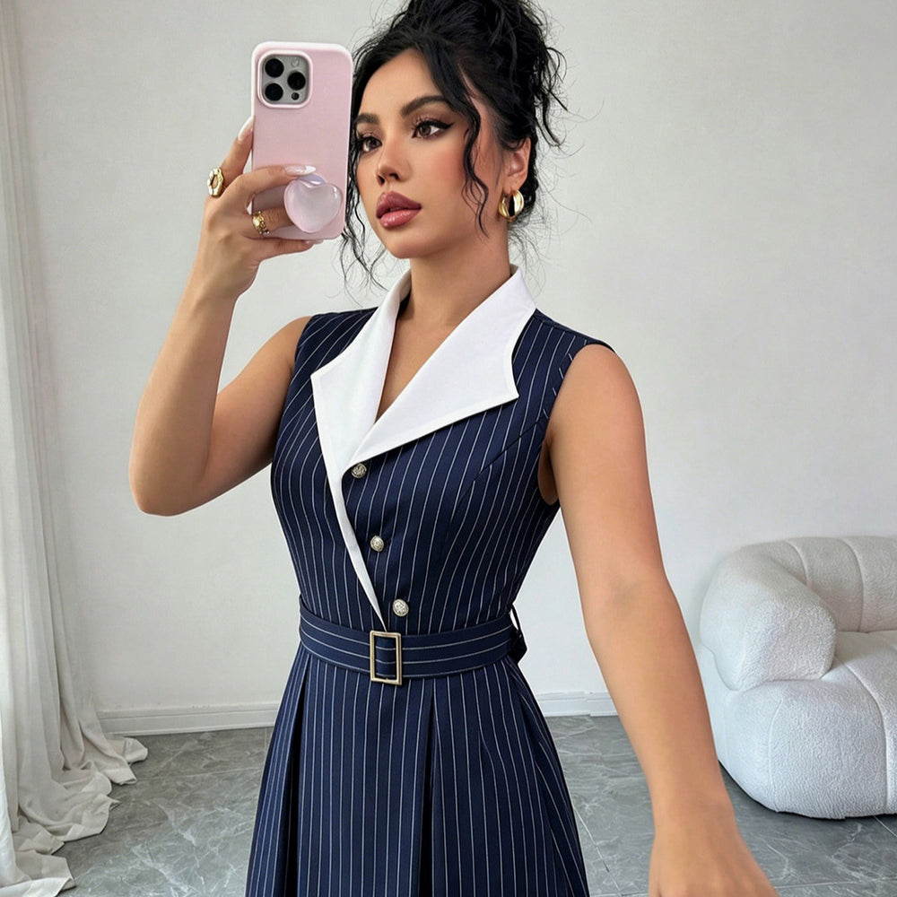 cross-border fashion women's work dress - navy pinstripe v-neck blouse dress with belted waist for a slimming silhouette