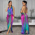 C7459 cross-border   fashion women's sexy printed tie-back open-back slit dress