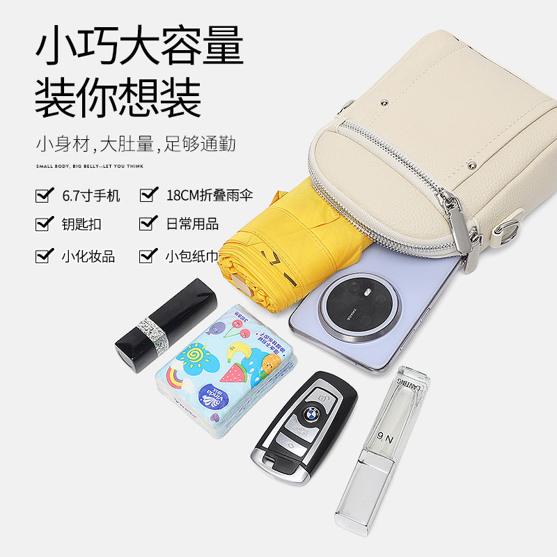 Casual leather large-capacity mobile phone bag women's versatile cowhide shoulder bag 2025 new double-layer zipper bag messenger bag