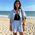 fashionsummer  stripesshirtflap pocket pants shorts loosecasualsuit for women