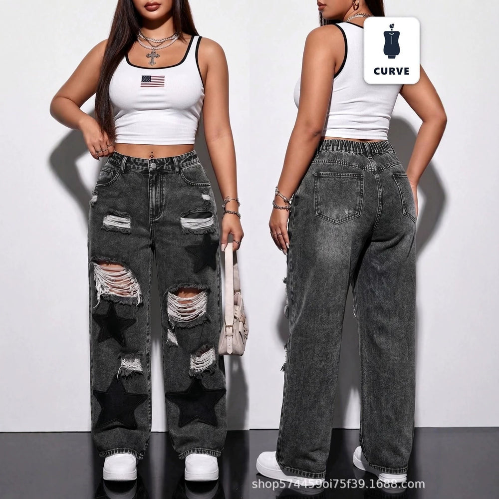 Plus size women's clothing  tiktok pinduoduo foreign trade cross-border fashion star ripped wide-leg jeans