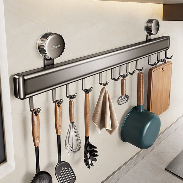 Kitchen Gun Ash Suction Cup Row Hook Household No Punching Wall Hanging Rod Shelf Spatula Spoon Hook Storage Shelf