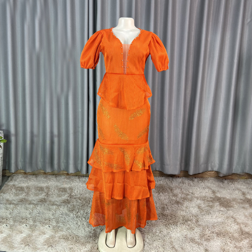 Export african women's v neck mesh silm beading hot diamond pleated lotus leaf fishtail long skirt small dress