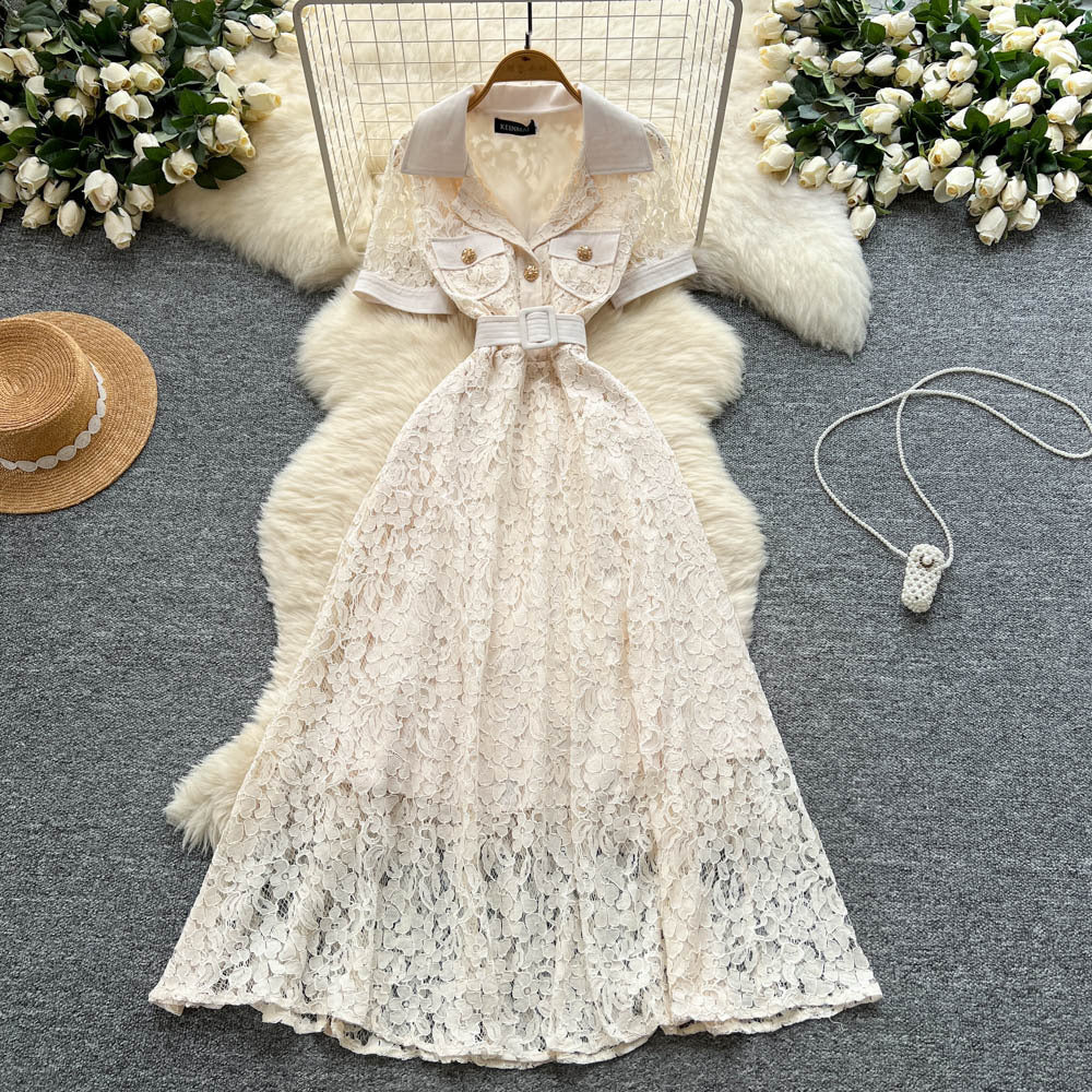 Luxury french style high-end short-sleeve dress - women's summer blazer collar lace mesh belted maxi dress
