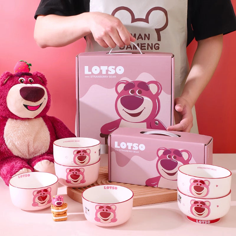 High-value ceramic bowl gift box tableware set, cute strawberry bear home eating bowl cartoon holiday souvenir