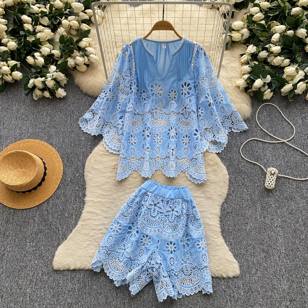 Frenchretrocut outlaceeleganttwo-piece set women's summercut outlazyslimming lookhigh waistsuitwork clothing style