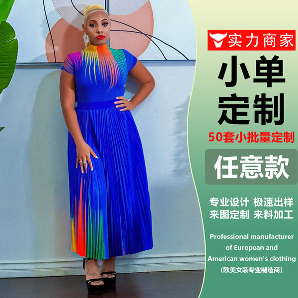 Sanzhai style, European and American  women's clothing,  popular round neck short-sleeved printed pleated skirt set, sample customization