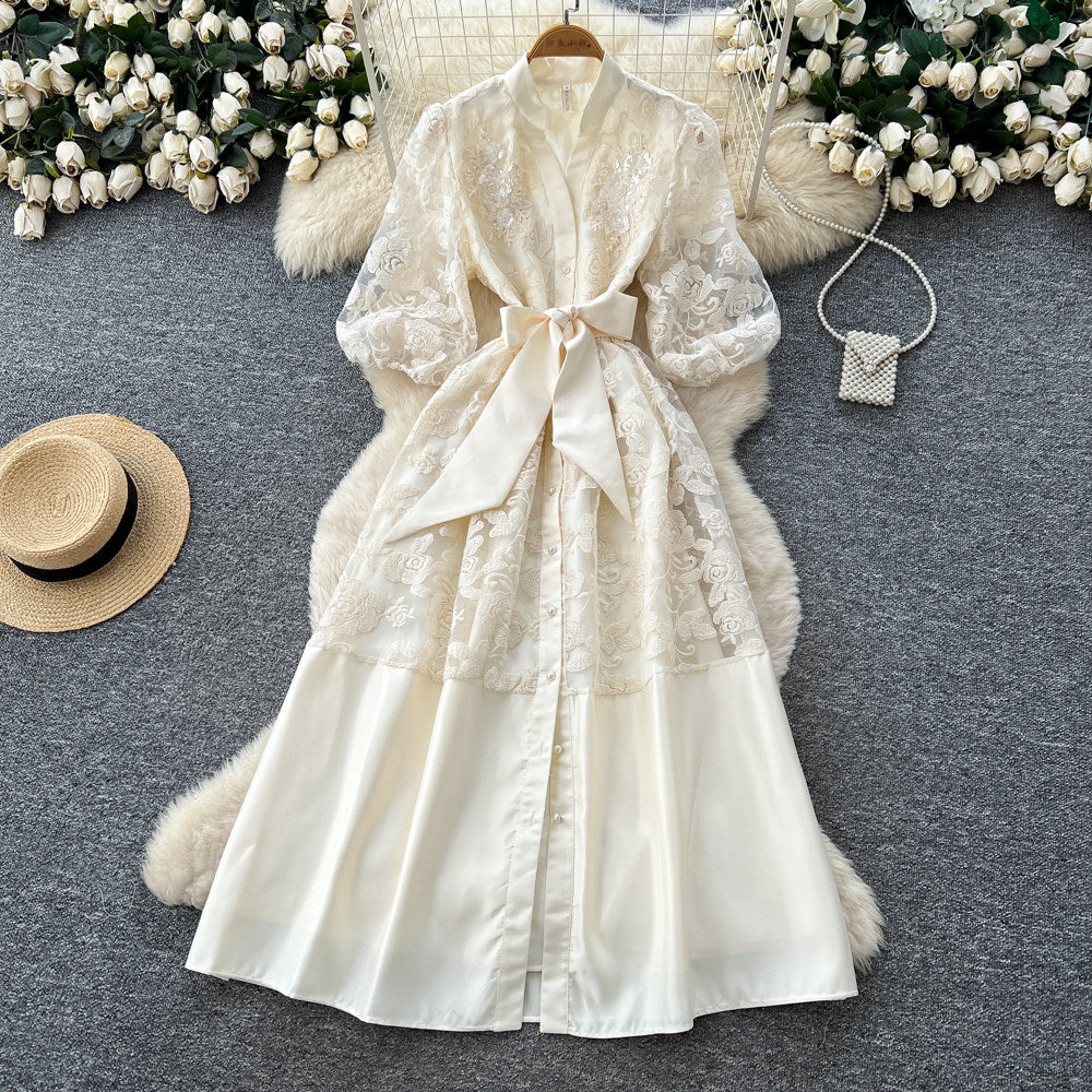 Korean style lace a-line embroidered hollow-out dress - women's spring/summer long sleeve slimming waist-defining commute maxi dress - pink