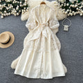 Korean style lace a-line embroidered hollow-out dress - women's spring/summer long sleeve slimming waist-defining commute maxi dress - pink