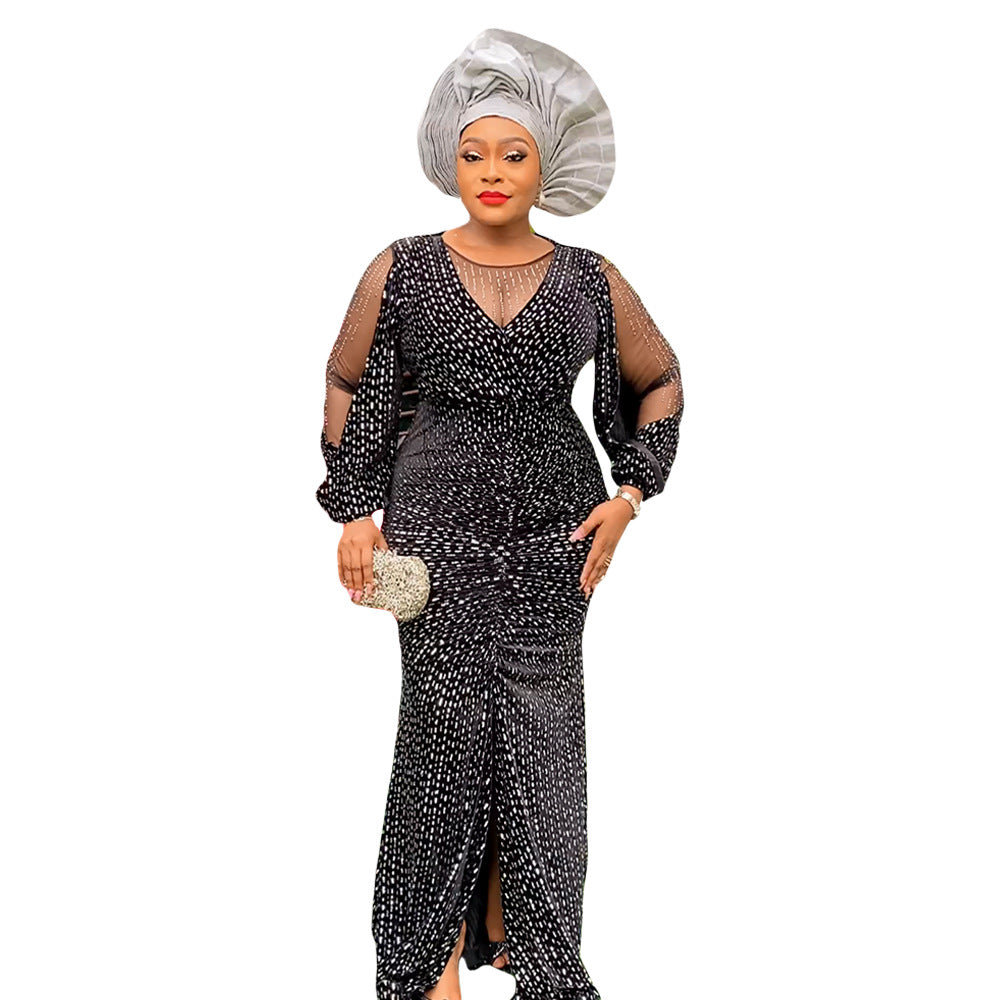 African  women's plus size heavy rhinestone dress european and american new sequin christmas party evening dress