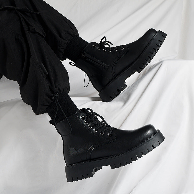 Side zipper martin boots 2026 spring new black height increasing thick sole british style motorcycle high top leather shoes workwear shoes