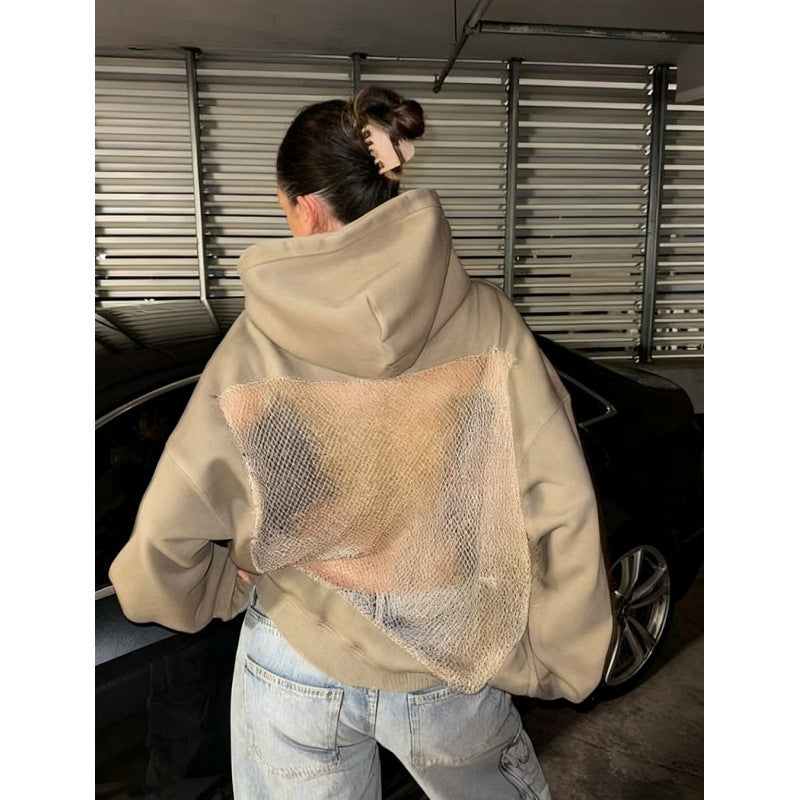European and american cross-border  fall/winter new women's fashion  style solid color backless cutout mesh hoodie sweatshirt