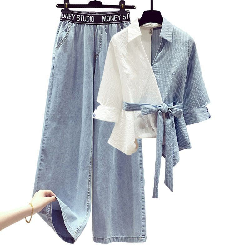 european and american women's spring outfit: two-piece set featuring a slim-fit denim and shirt-look top
