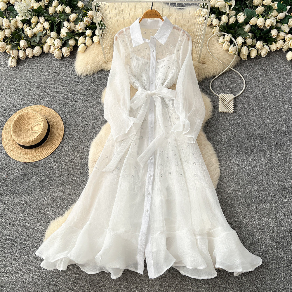Korean style light luxury long sleeve lantern sleeve mesh dress women's summer tie-waist a-line elegant maxi dress for work