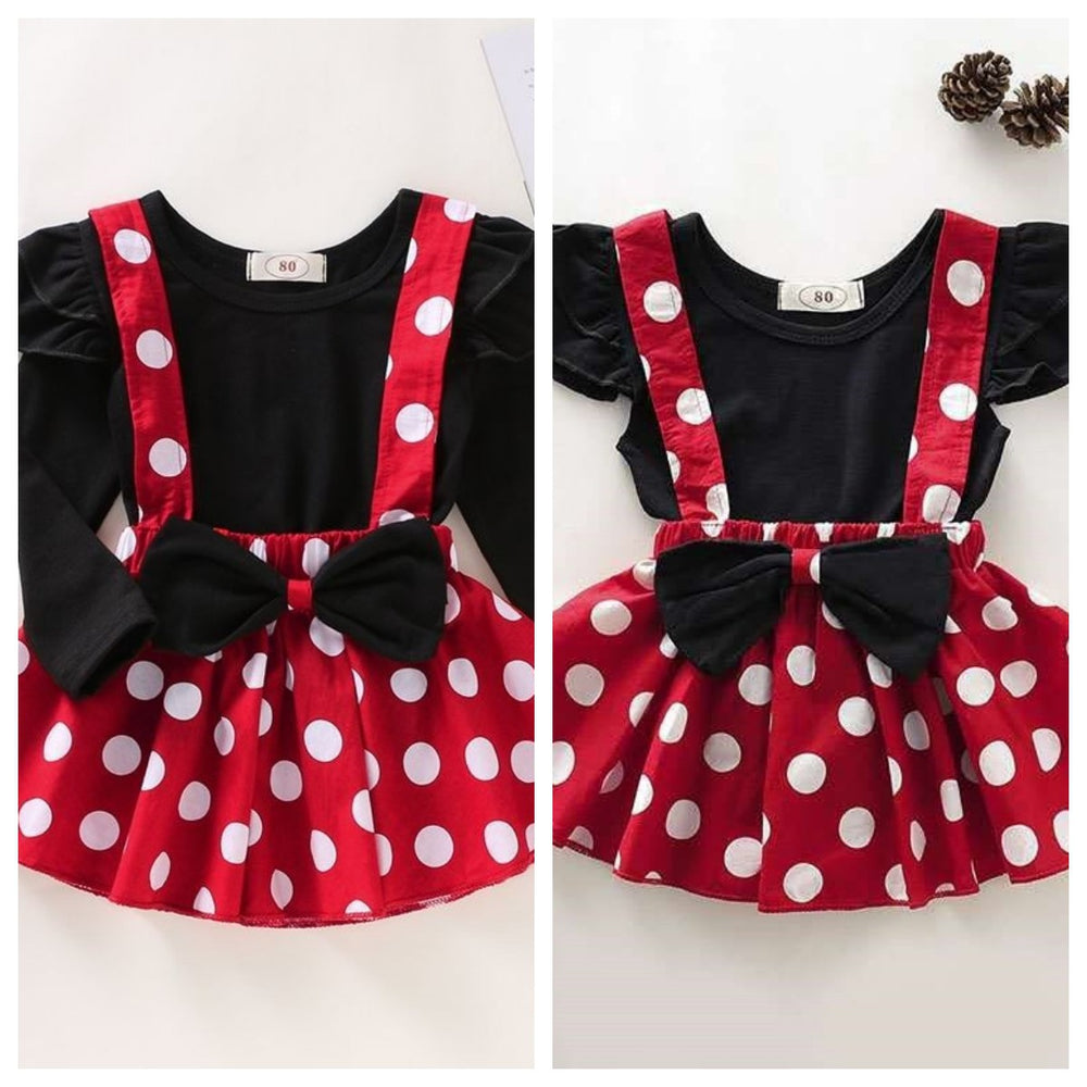 new girls' skirt set: solid color flutter sleeve top + polka dot suspender skirt - wholesale & dropshipping available