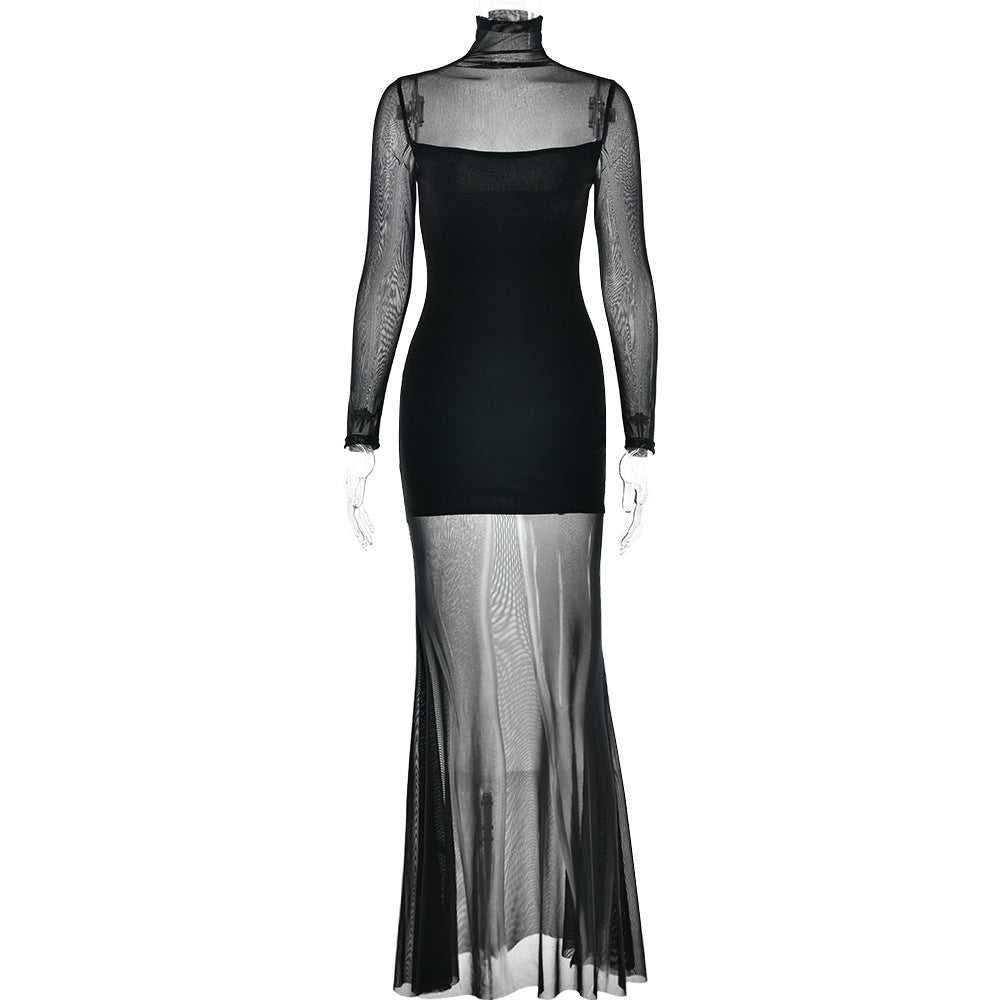 Europe, America 2025 spring fashion personalized mesh splicing dress women's  new hot-selling slim-fit turtleneck dress