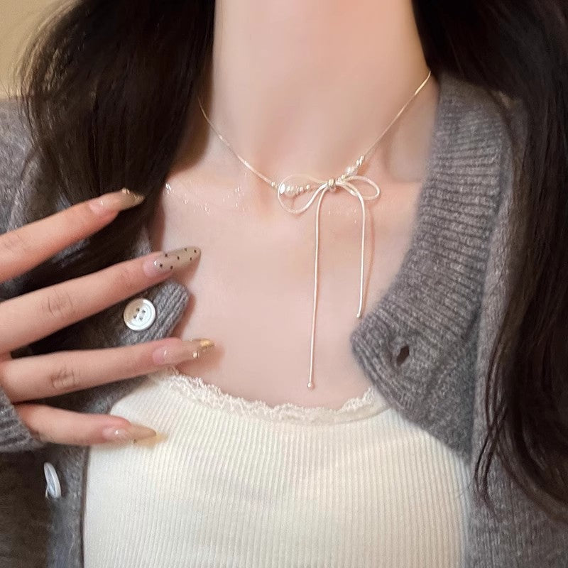Korean ins style pearl zircon titanium steel necklace for women easiest for matchniche styleclassy sense clavicle chain fairy jewelry wholesale