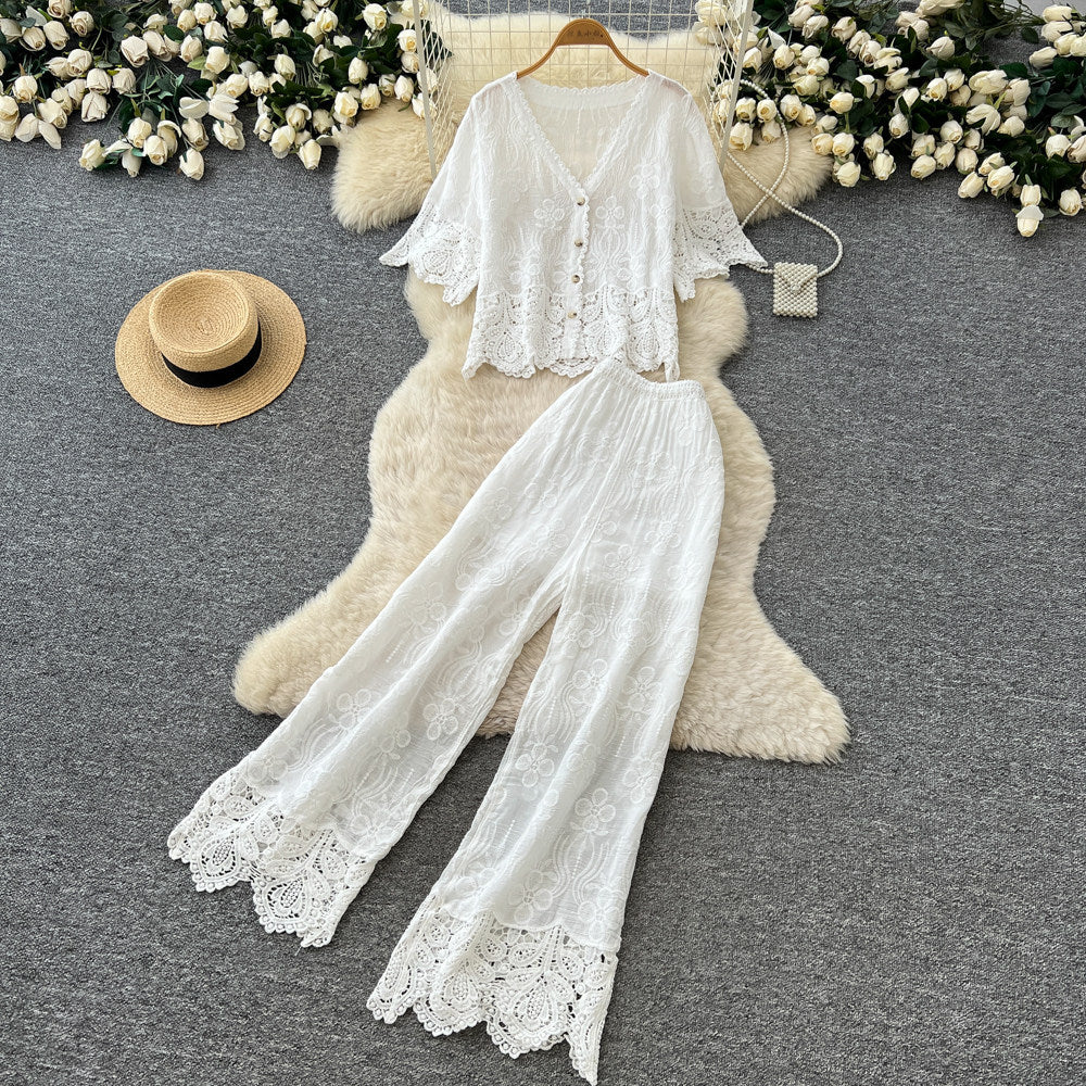 French chic lace cutout two-piece set for women -  summer new arrival: short-sleeve slimming sun protection shirt set