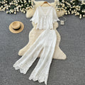 French chic lace cutout two-piece set for women -  summer new arrival: short-sleeve slimming sun protection shirt set