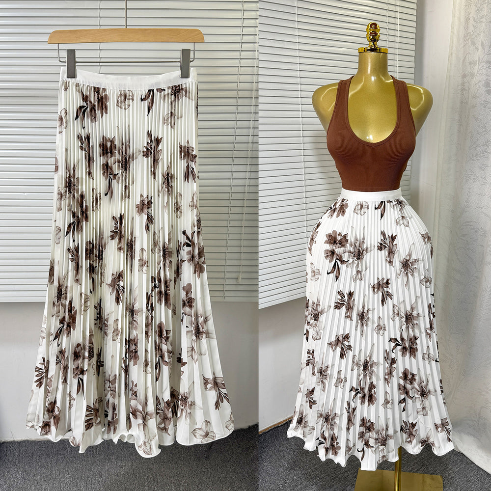Exportsweeteasiest for matchpleated skirt large swing printing skirt women's frenchhigh waista-line medium long pleated skirt