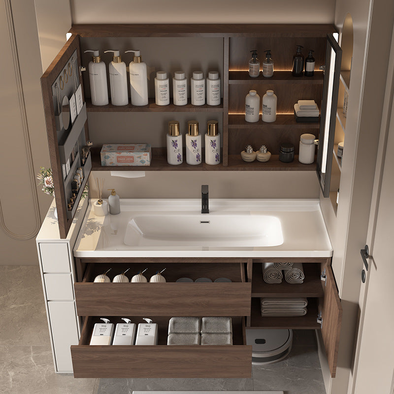 陶瓷一体盆浴室柜胡桃木色实木卫浴柜智能镜柜卫生间洗手洗漱台池