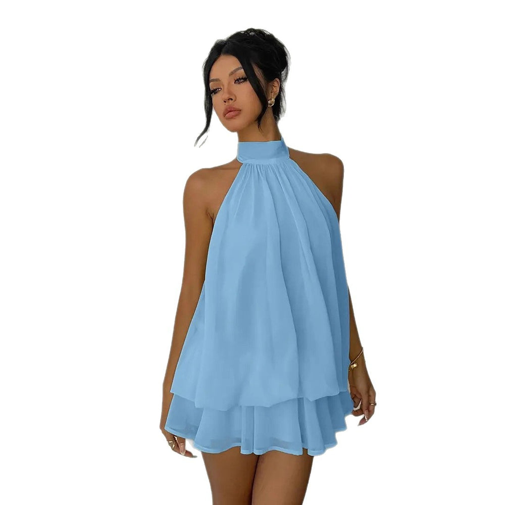 European and american cross-border  new collection: slim-fit, sexy, backless, halter neck, cinched waist top with flared mini skirt dress for women
