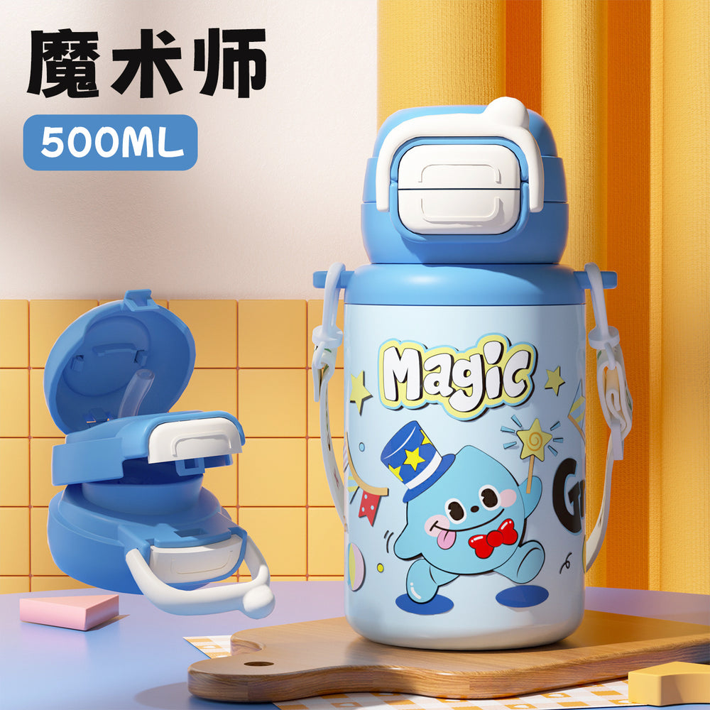 Cartoon kids double-drink bouncing cup - cute & fun student straw cup with portable strap - 316 stainless steel insulated tumbler