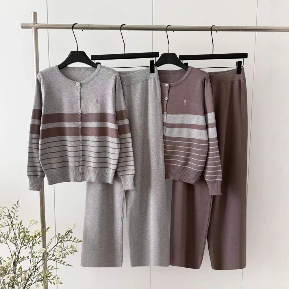 export autumn/winter new round neck color block striped long sleeve knitted cardigan wide leg pants sweater two-piece set for women