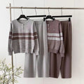 export autumn/winter new round neck color block striped long sleeve knitted cardigan wide leg pants sweater two-piece set for women