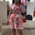 European and american cross-border women's fashion:  summer new arrival - designer slim-fit printed long-sleeve top and pleated midi skirt set