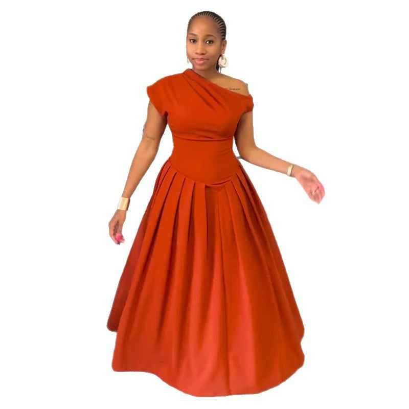 European and american women's clothing  autumn new collection: sweet and fresh one-shoulder high-waisted slimming a-line maxi dress