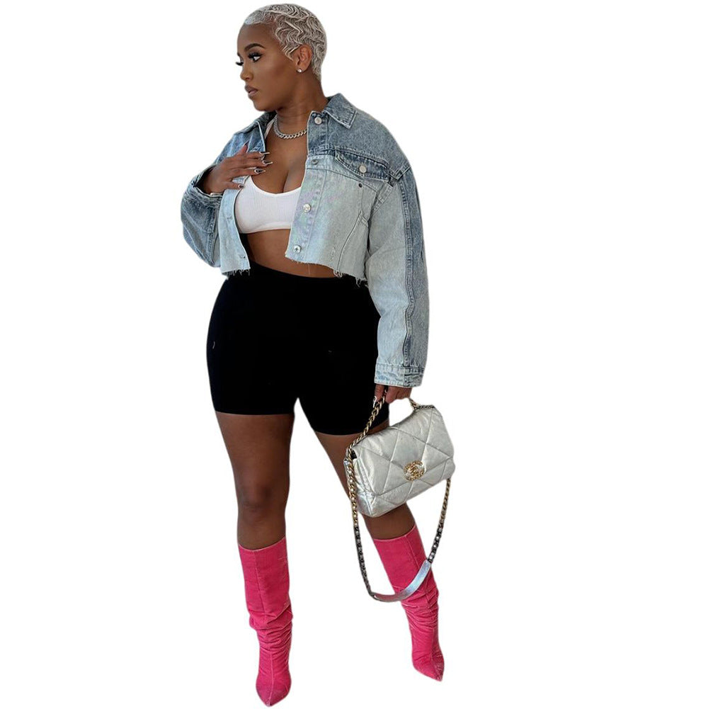 European and american style women's denim jacket -  cross-border fashion casual color block single-breasted long sleeve denim jacket