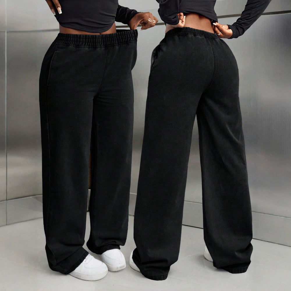 Fashionjeans women's distressed washed elastic waiststraight-legcasualjeansfashion style lazy wide leg pants
