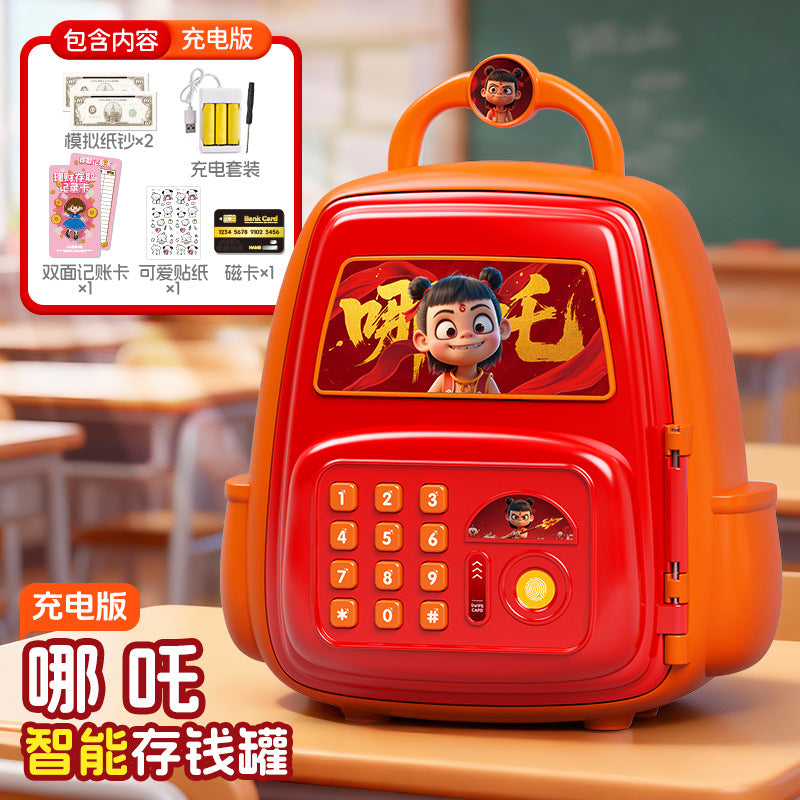 Nezha school bag piggy bank boy good-looking password lock kids toy artificial fingerprint only goes in and out of large capacity
