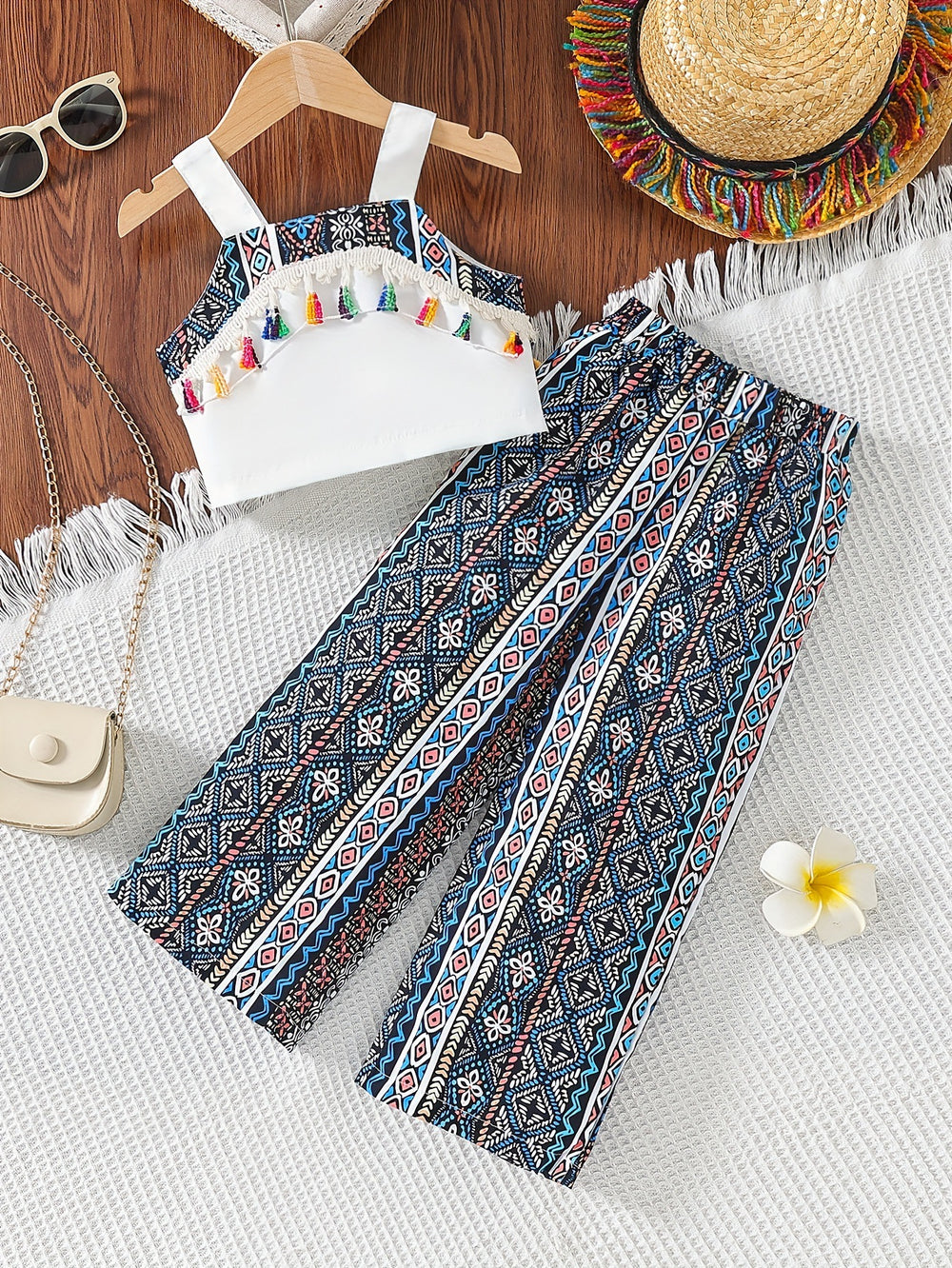 european and american style cross-border children's wear: solid color camisole top & ethnic print long pants two-piece set - exclusively for export