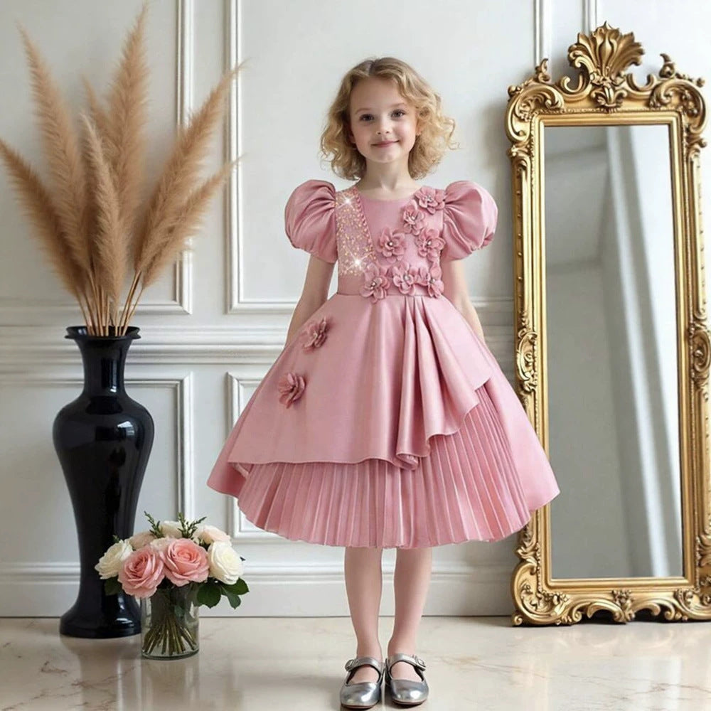 New girls' formal dress - premium satin princess gown - 10-year-old girl's bubble sleeve cute dress - girl dress