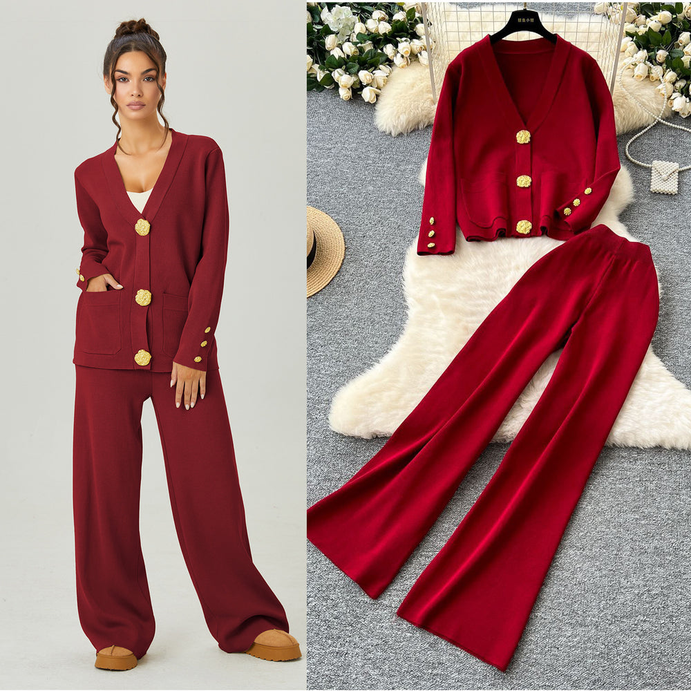 Premium chanel-inspired two-piece set for women: versatile knitted cardigan with metal button detail and casual pants - perfect for autumn and winter