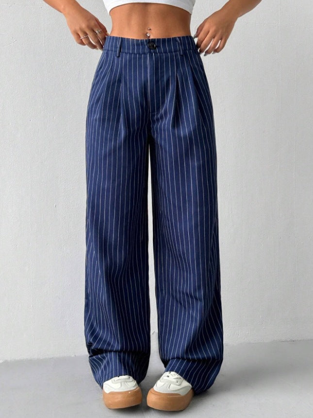 new european and american women's blue striped casual wide-leg trousers for commuting and leisure
