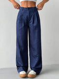 new european and american women's blue striped casual wide-leg trousers for commuting and leisure