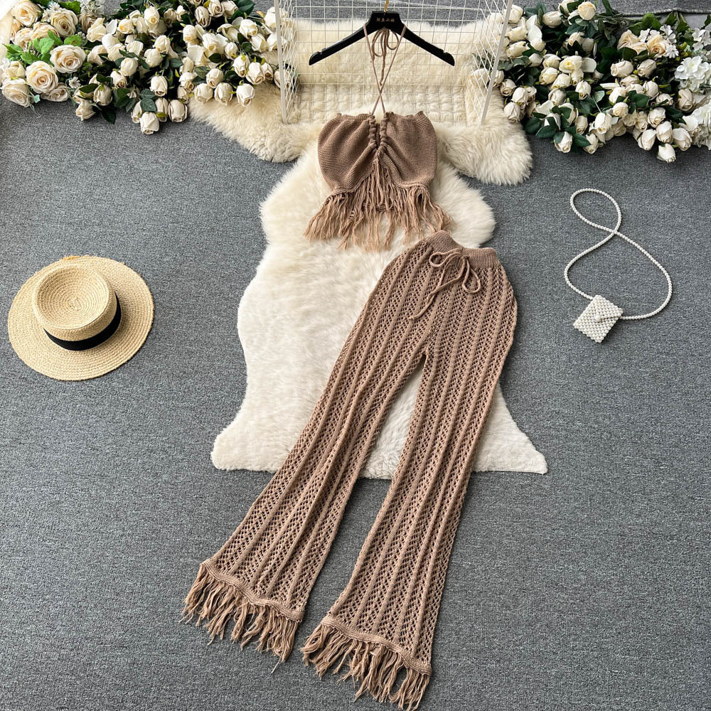 Bohemian beach vacation set for women: summer knit tassel halter top and high-waisted cutout pants two-piece outfit