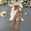 Bohemian beach vacation set for women: summer knit tassel halter top and high-waisted cutout pants two-piece outfit