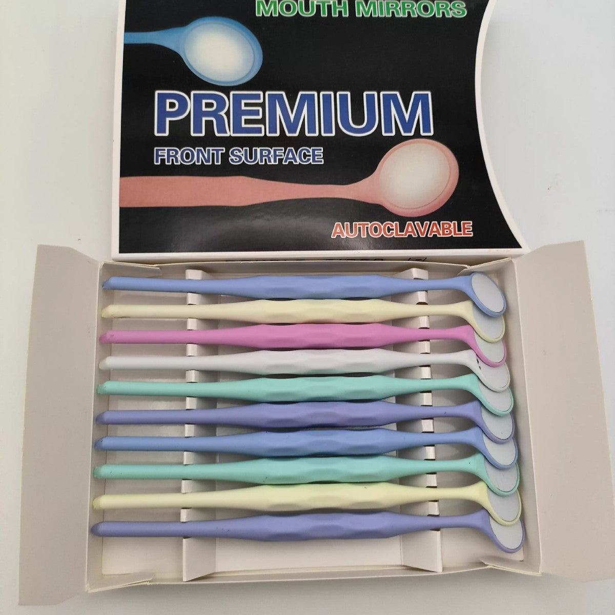 Dental mirrors, colored plastic single-sided/double-sided mirrors, stainless steel lenses, a box of 10 mirror-coated mirrors
