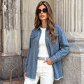 Fashion cross-border foreign trade denim long-sleeved shirt lapel double chest pocket raw edge loose shoulder style shirt outwear women