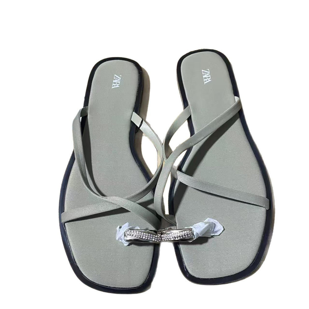 One-word buckle elegance sandals for women 2024 summer new arrival lady elegant street style toe flats european station preppy style